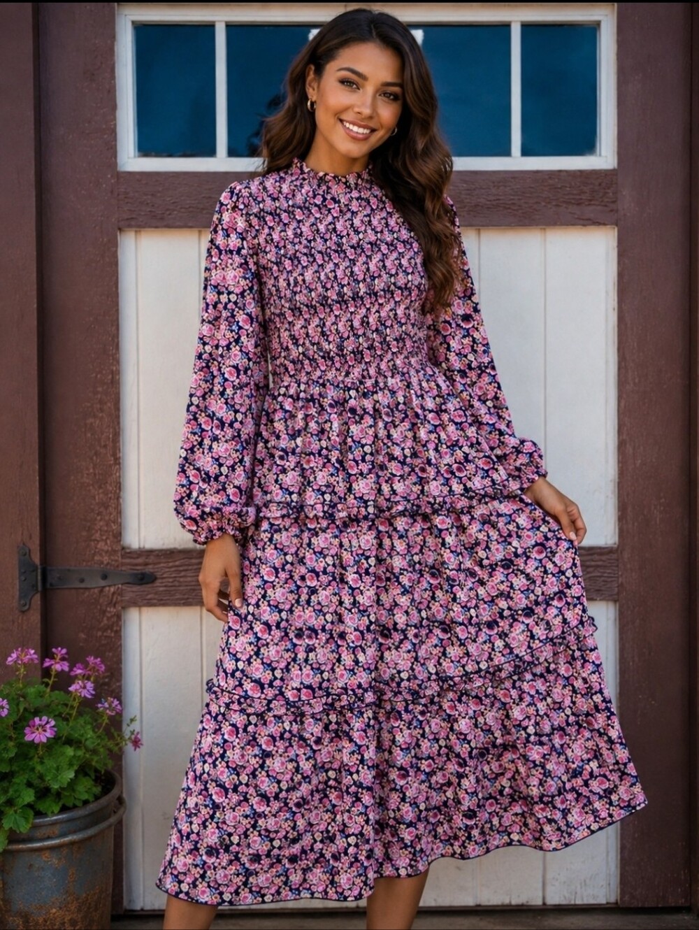 NEW!! Simply Southern Women's Pink Floral Tiered Midi Dress, NWT